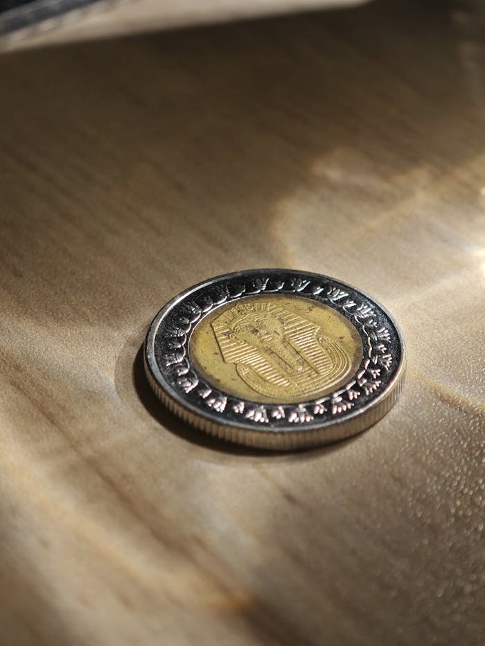 Detailed close-up of an Egyptian pound coin featuring the mask of Tutankhamun on a polished wooden background.